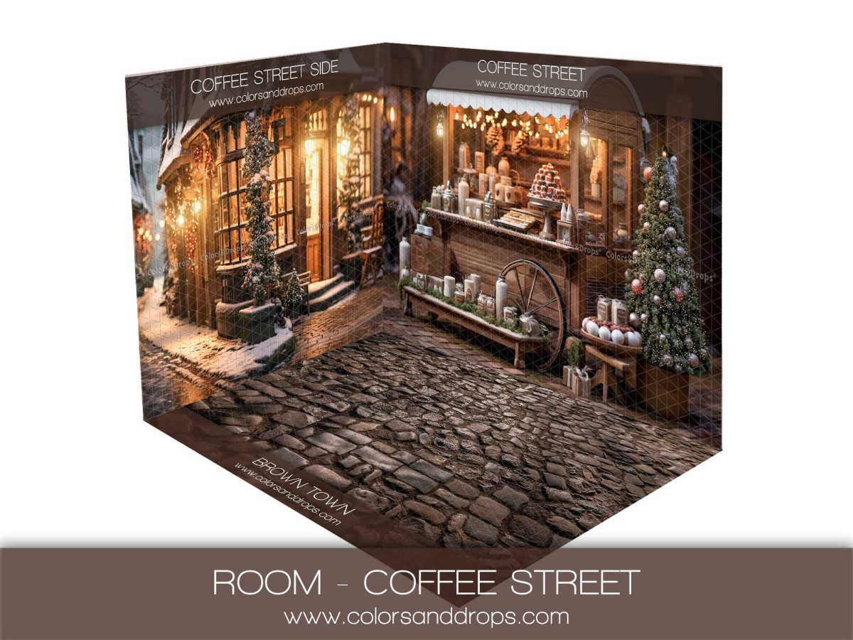 Fond photo d'angle de Noël Coffee Street – rue de café de Noël pavée | Colors&Drops
