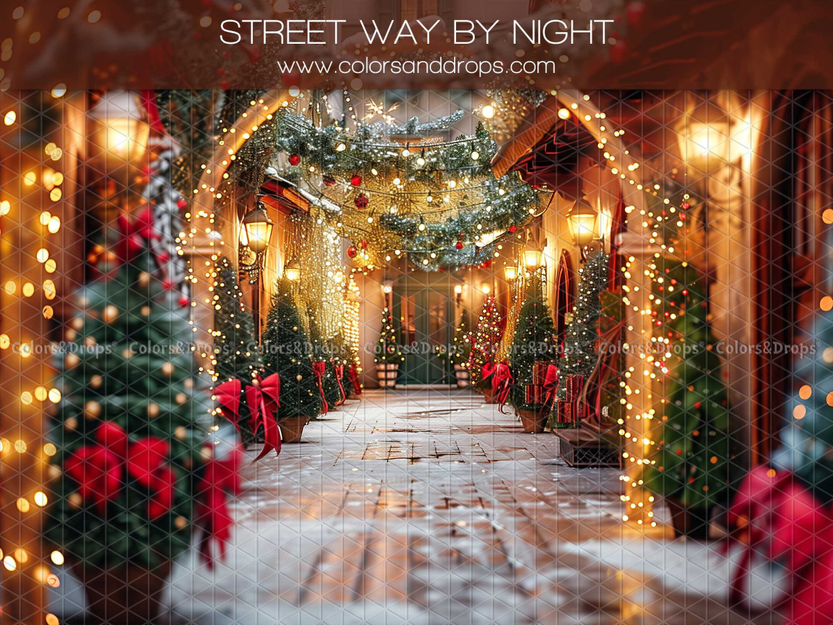 Christmas photo backdrop Street Way by Night – illuminated Christmas street with garland arches | Colors&Drops