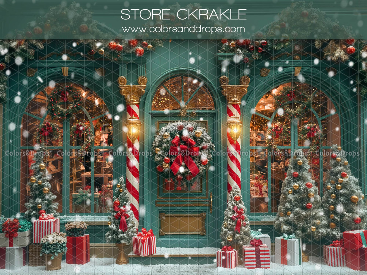 Fond photo de Noël Store Ckrakle – devanture verte de Noël avec sucres d'orge et cadeaux | Colors&Drops