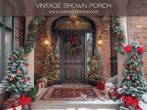 Fond photo de Noël Vintage Brown Porch – porche en brique décoré pour Noël avec sapins | Colors&Drops