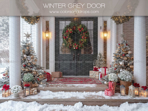 Fond photo de Noël Winter Grey Door – porte grise enneigée avec couronne de Noël | Colors&Drops