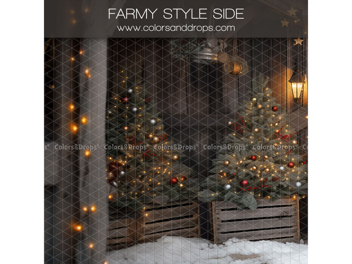 Christmas side photo backdrop Farmy Style Side – wooden porch with Christmas trees in crates | Colors&Drops