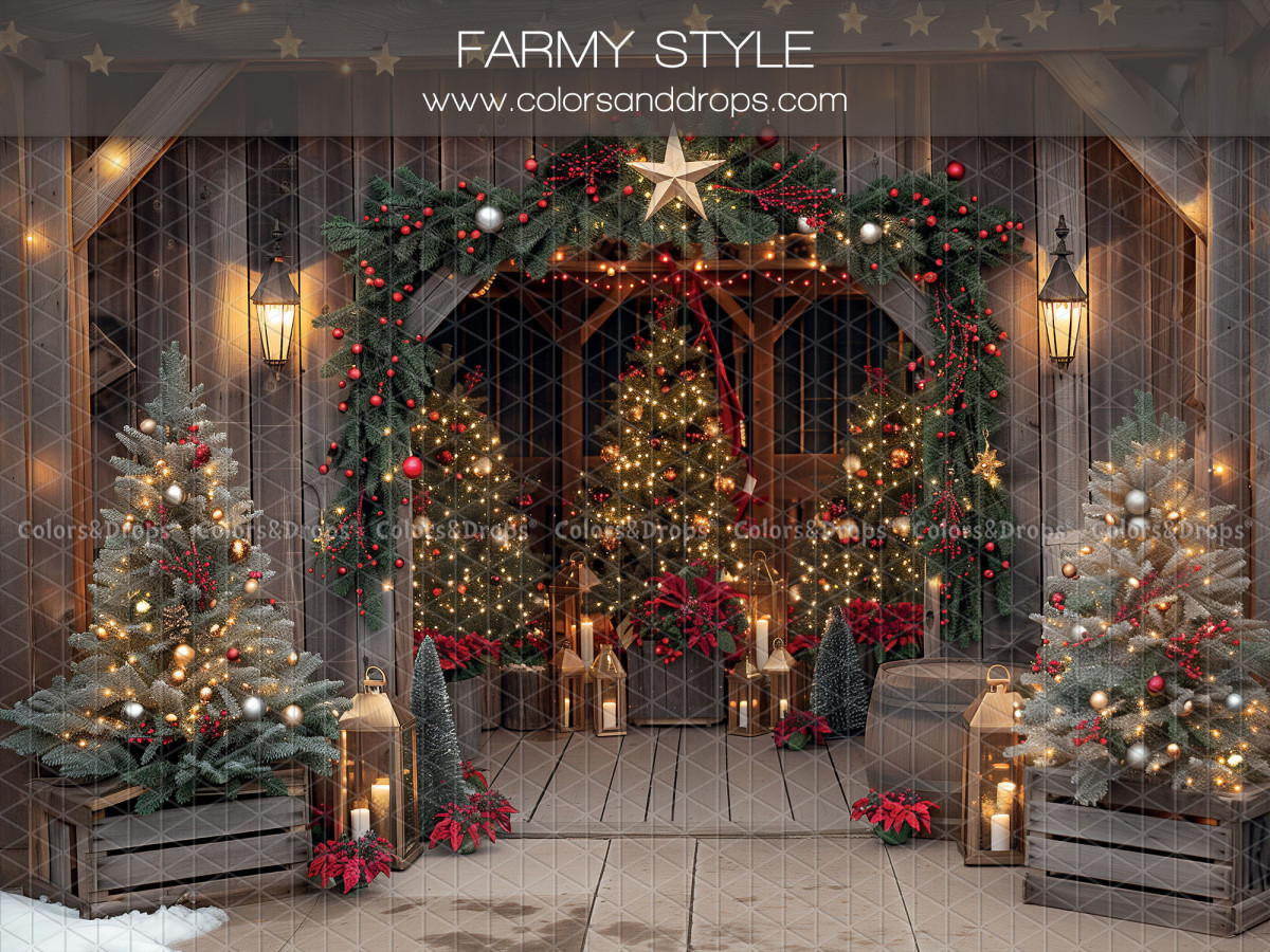 Fondo fotográfico de Navidad Farmy Style – granero de madera decorado para Navidad con árboles | Colors&Drops