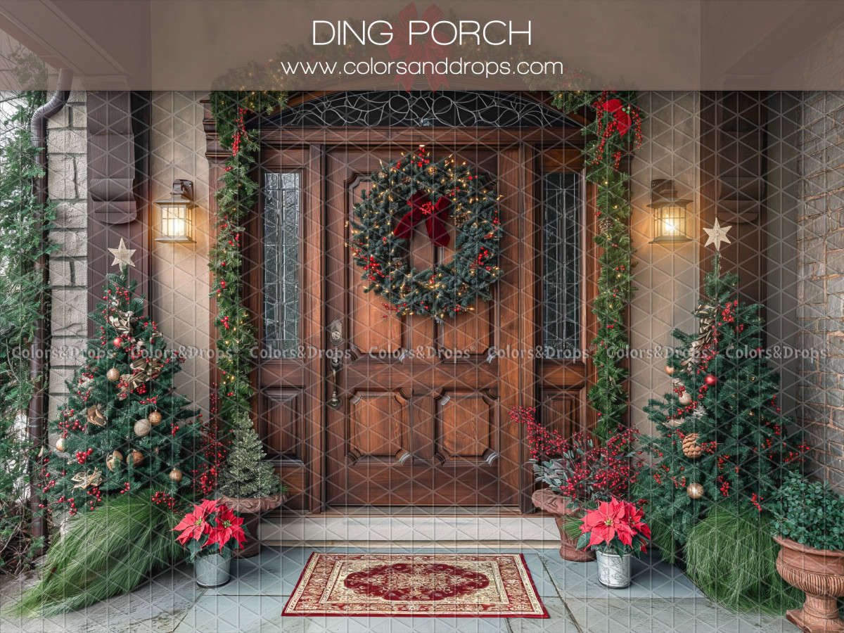 Fondo fotográfico de Navidad Ding Porch – puerta de entrada de madera con corona y flores de pascua | Colors&Drops