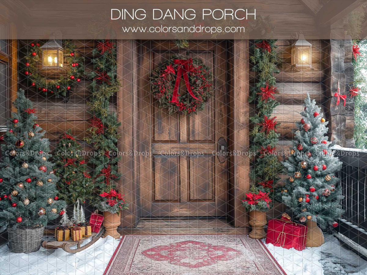 Fondo fotográfico de Navidad Ding Dang Porch – porche de madera con corona y árboles de Navidad | Colors&Drops