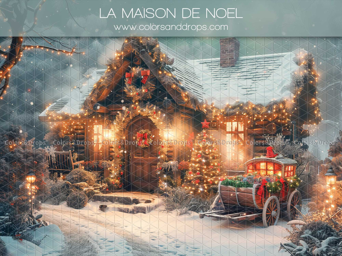 Photo backdrop La Maison de Noel – snowy Christmas house with red sleigh | Colors&Drops