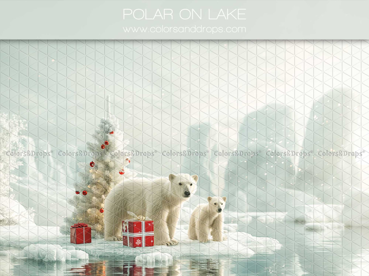 Fond photo de Noël Polar on Lake – ours polaires sur la banquise avec sapin et cadeaux | Colors&Drops