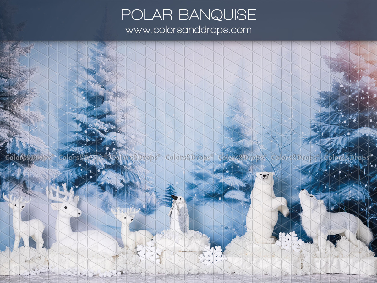Fond photo de Noël Polar Banquise – forêt enneigée avec cerfs et ours polaires | Colors&Drops