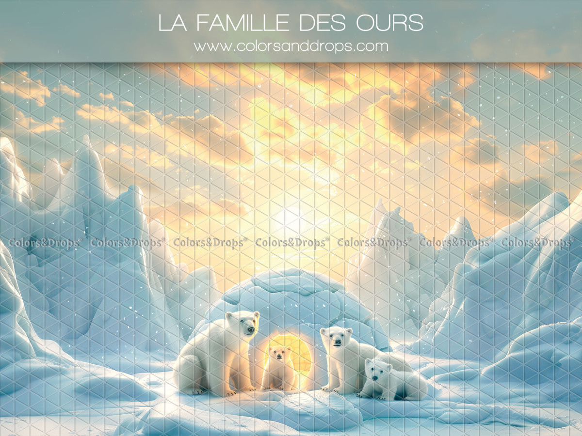 Fond photo de Noël La Famille des Ours – famille d'ours polaires devant un igloo au coucher de soleil | Colors&Drops