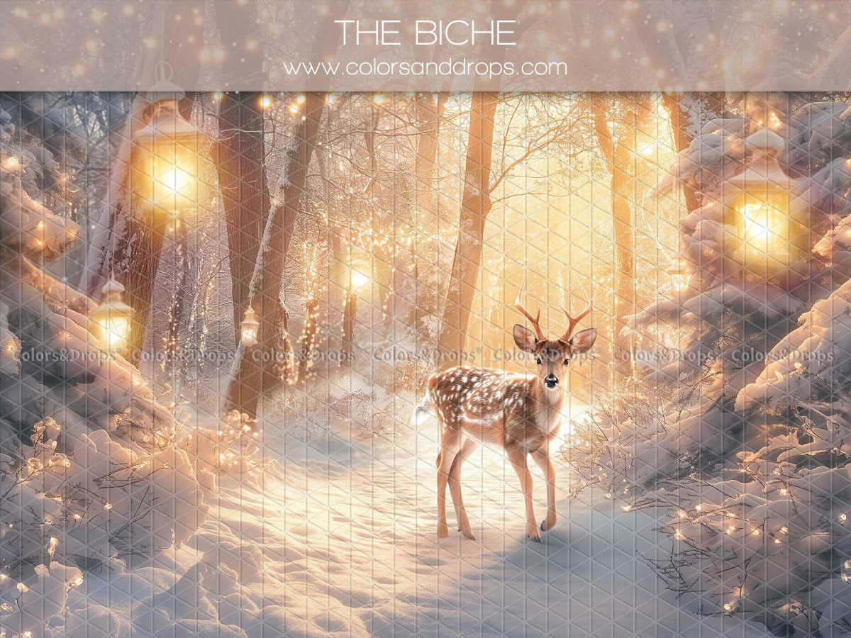 Fond photo de Noël The Biche – biche dans une forêt enneigée avec lanternes | Colors&Drops
