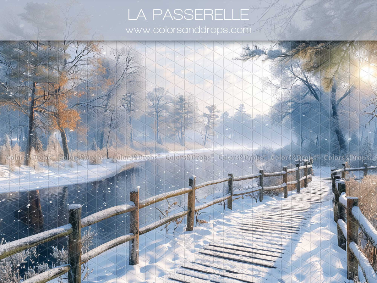 Fond photo de Noël La Passerelle – passerelle en bois le long d'une rivière enneigée | Colors&Drops