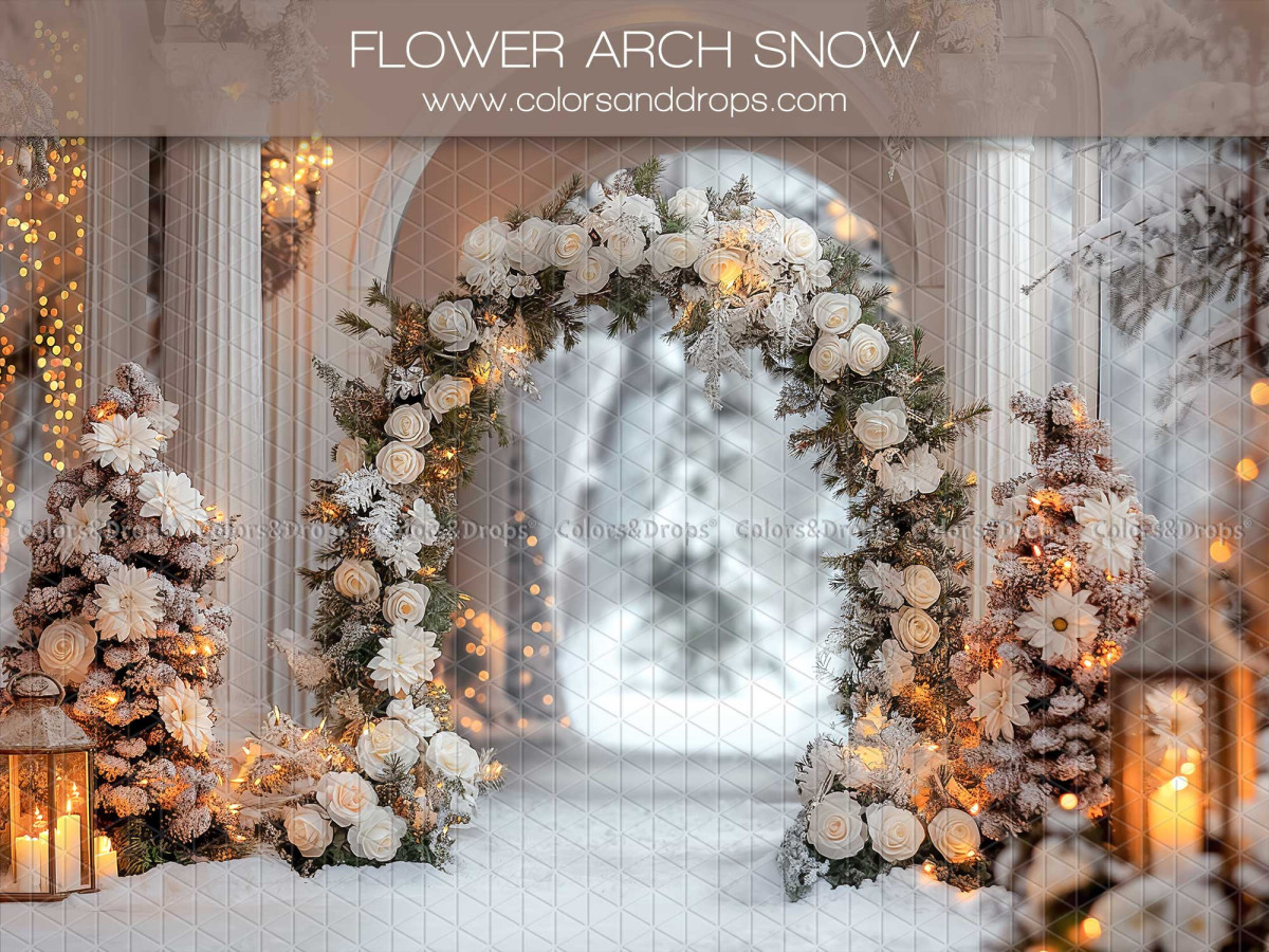 Fond photo de Noël Flower Arch Snow – arche de fleurs blanches avec bougies dans la neige | Colors&Drops
