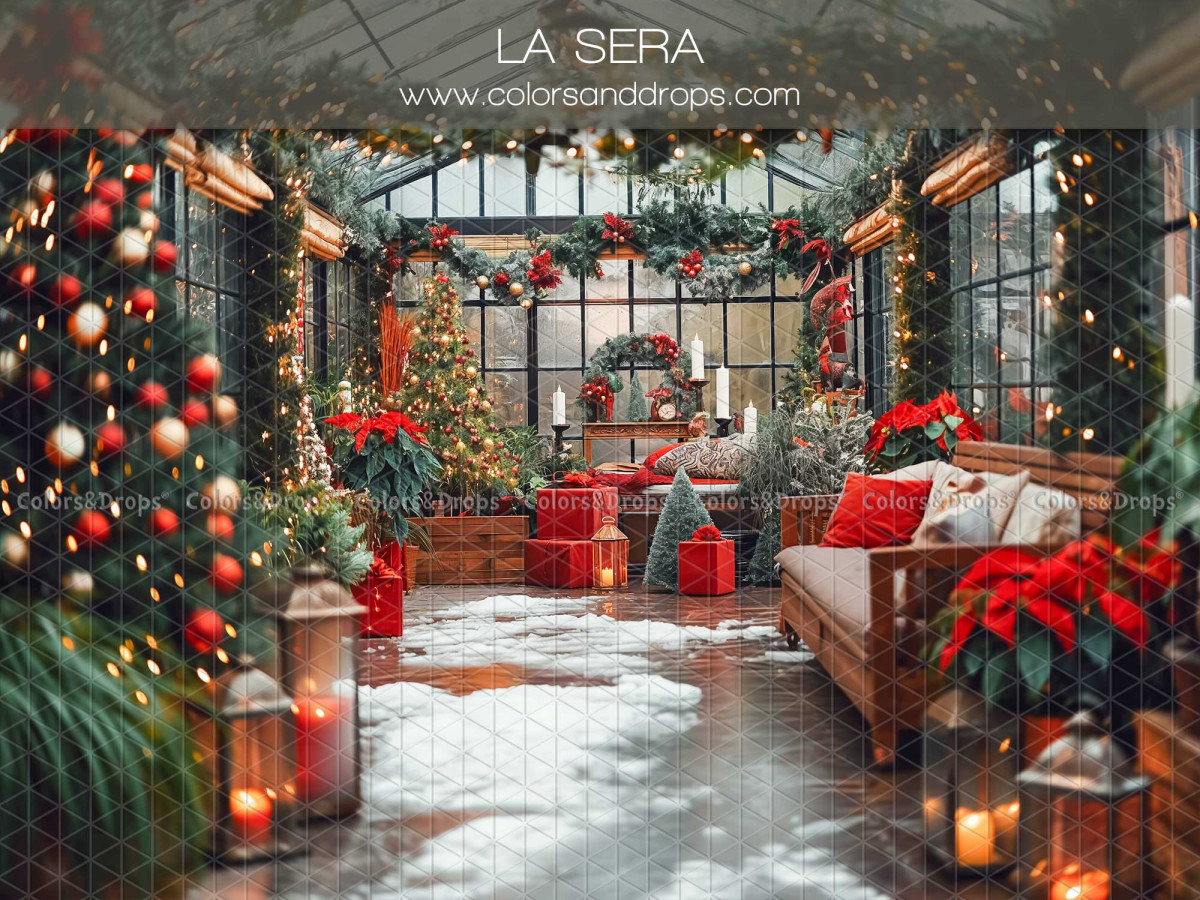 Fond photo de Noël La Sera – serre de Noël avec canapé, sapins et cadeaux | Colors&Drops