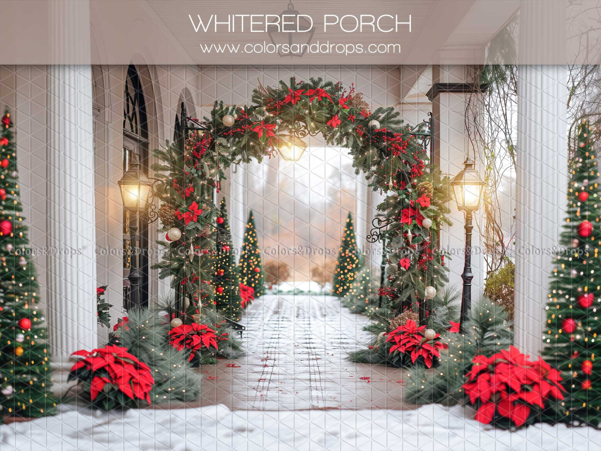 Christmas photo backdrop White Red Porch – white porch with Christmas arch and poinsettias | Colors&Drops