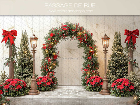 Fondo fotográfico de Navidad Passage de Rue – arco navideño con farolas y lazos rojos | Colors&Drops