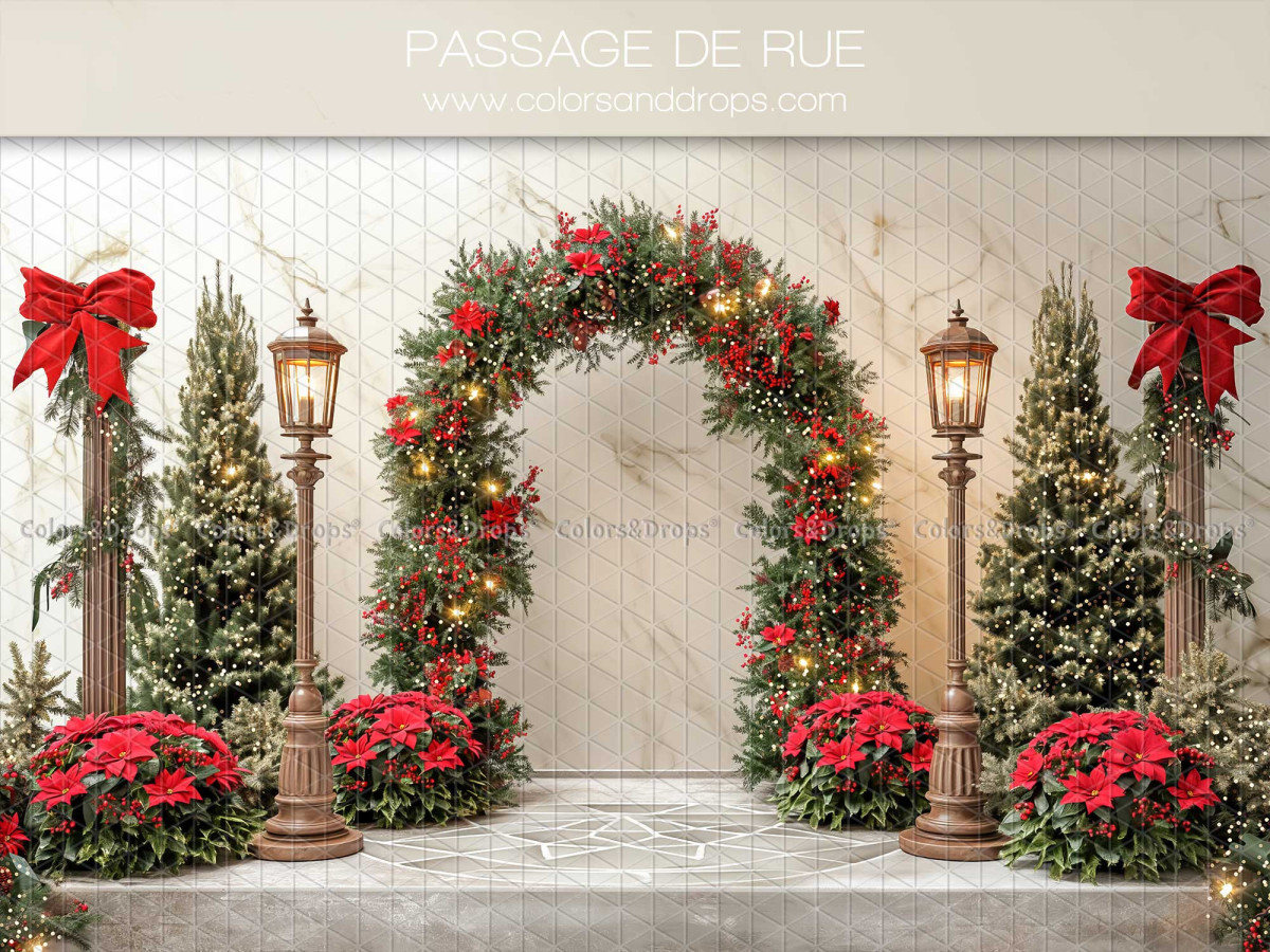Fondo fotográfico de Navidad Passage de Rue – arco navideño con farolas y lazos rojos | Colors&Drops