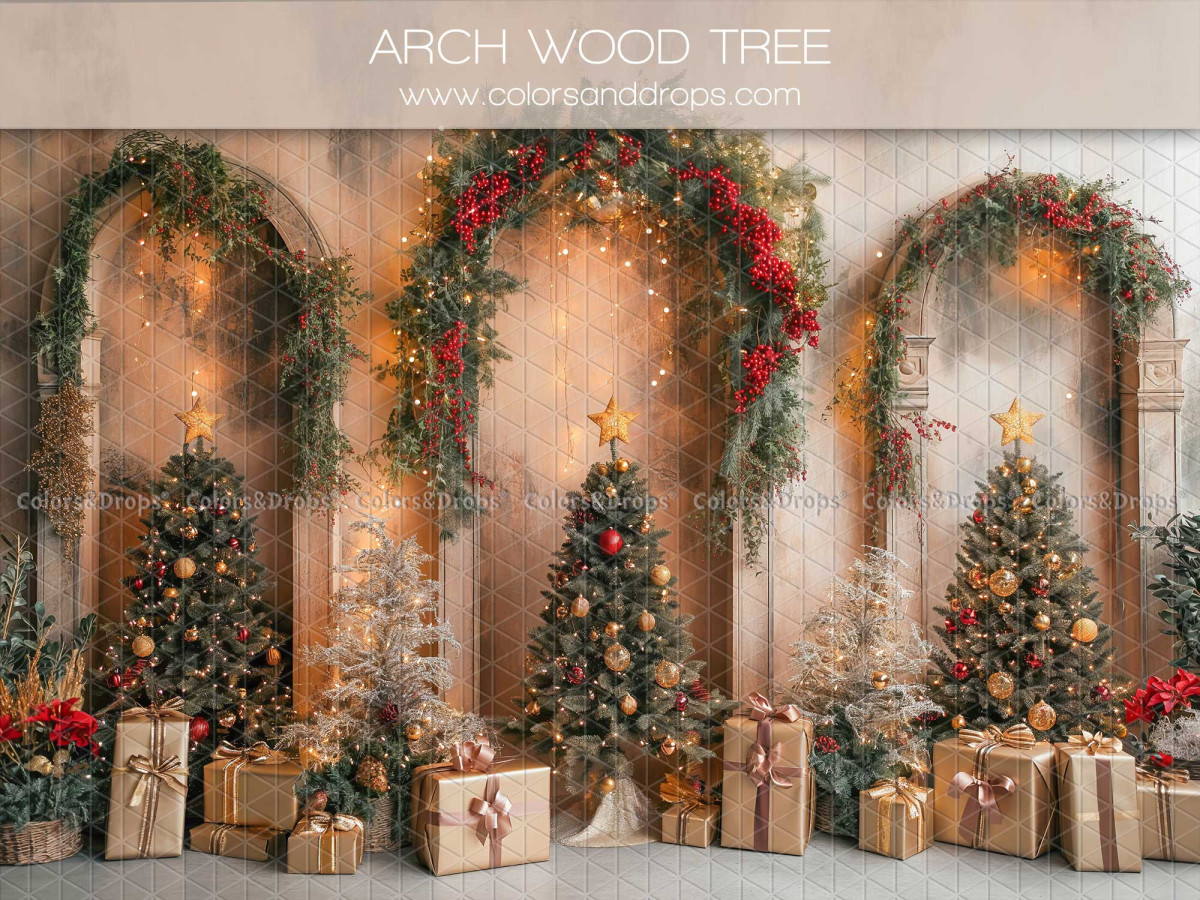 Fond photo de Noël Arch Wood Tree – arches en bois décorées avec sapins et cadeaux | Colors&Drops