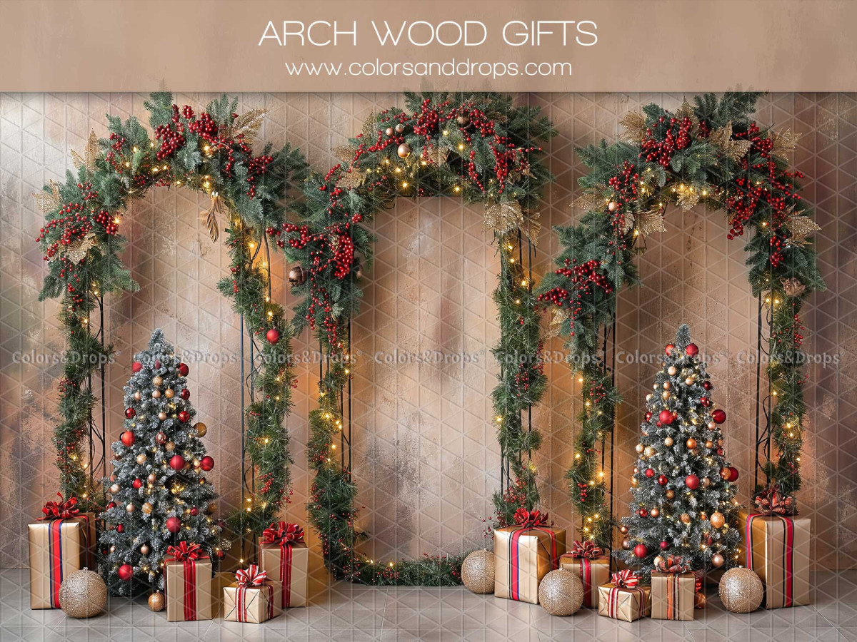 Christmas photo backdrop Arch Wood Gifts – three Christmas arches with trees and gifts | Colors&Drops