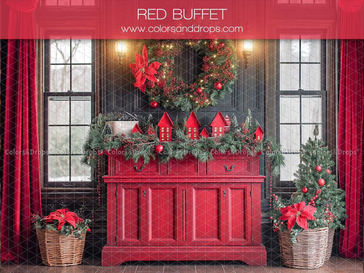 Fond photo de Noël Red Buffet – buffet rouge avec couronne et rideaux de Noël | Colors&Drops