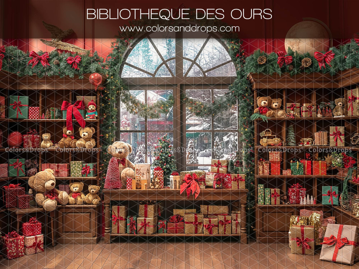 Fondo fotográfico de Navidad Bibliotheque des Ours – biblioteca navideña con ositos y gran ventana | Colors&Drops