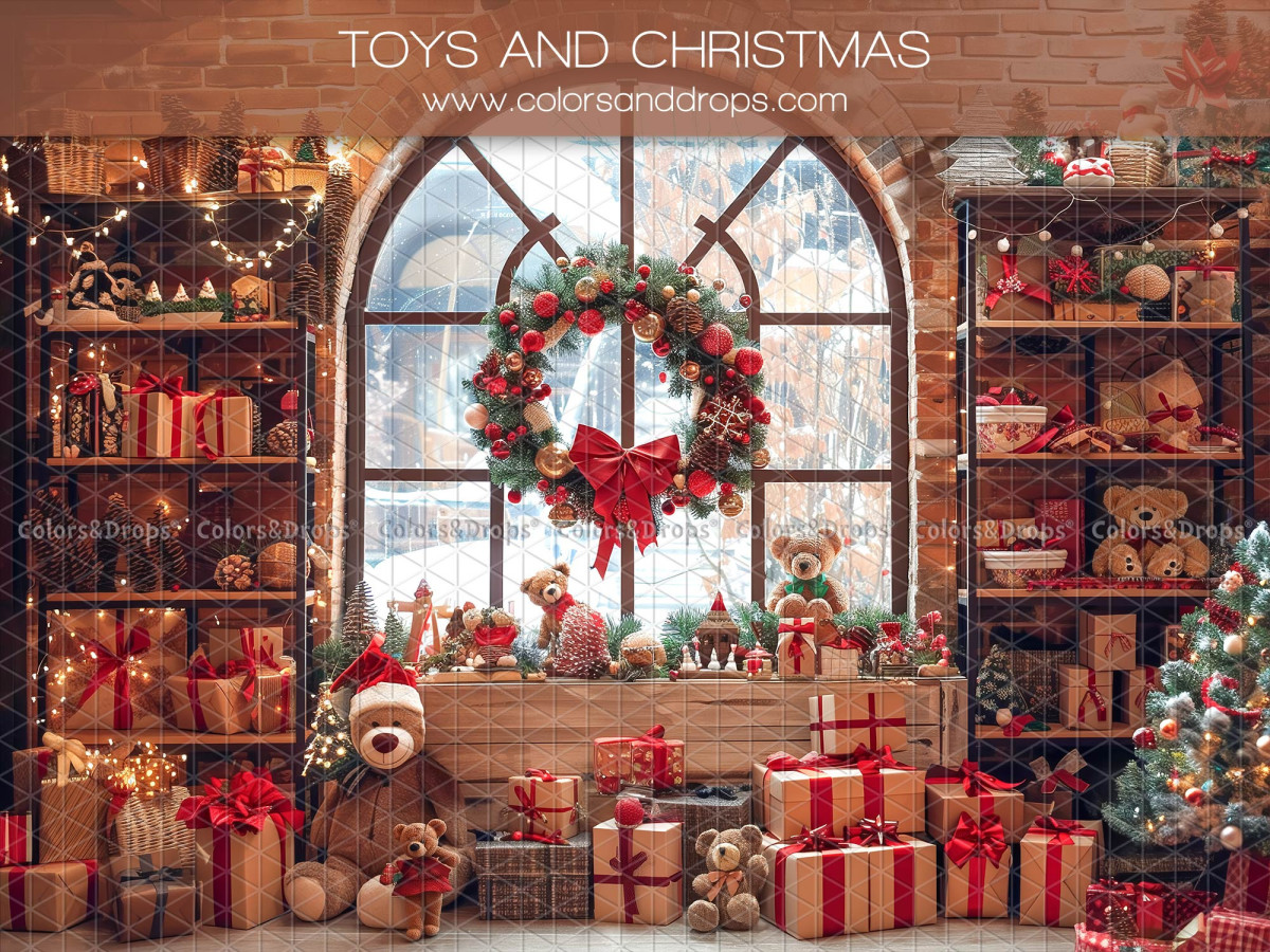 Fond photo Toys and Christmas – magasin de jouets de Noël avec étagères et couronne | Colors&Drops