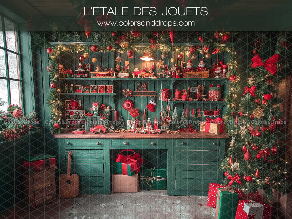 Christmas photo backdrop L'Etale des Jouets – Christmas toy workshop with green counter | Colors&Drops