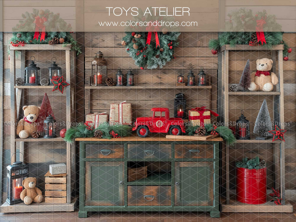 Fond photo de Noël Toys Atelier – atelier de jouets avec étagères et camion rouge | Colors&Drops
