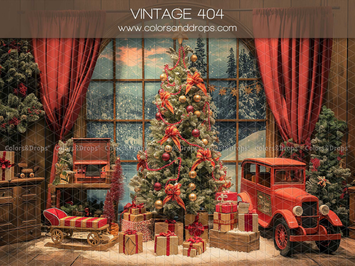 Fond photo de Noël Vintage 404 – salon de Noël avec voiture rouge vintage et sapin | Colors&Drops
