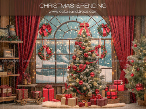 Fondo fotográfico Christmas Spending – salón navideño con árbol, cortinas rojas y ventana | Colors&Drops