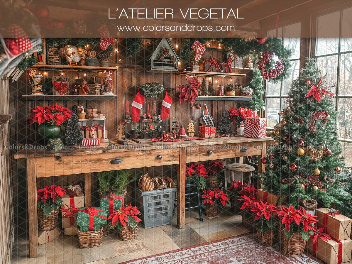 Fond photo de Noël L'Atelier Vegetal – atelier de jardinier de Noël avec établi et sapin | Colors&Drops