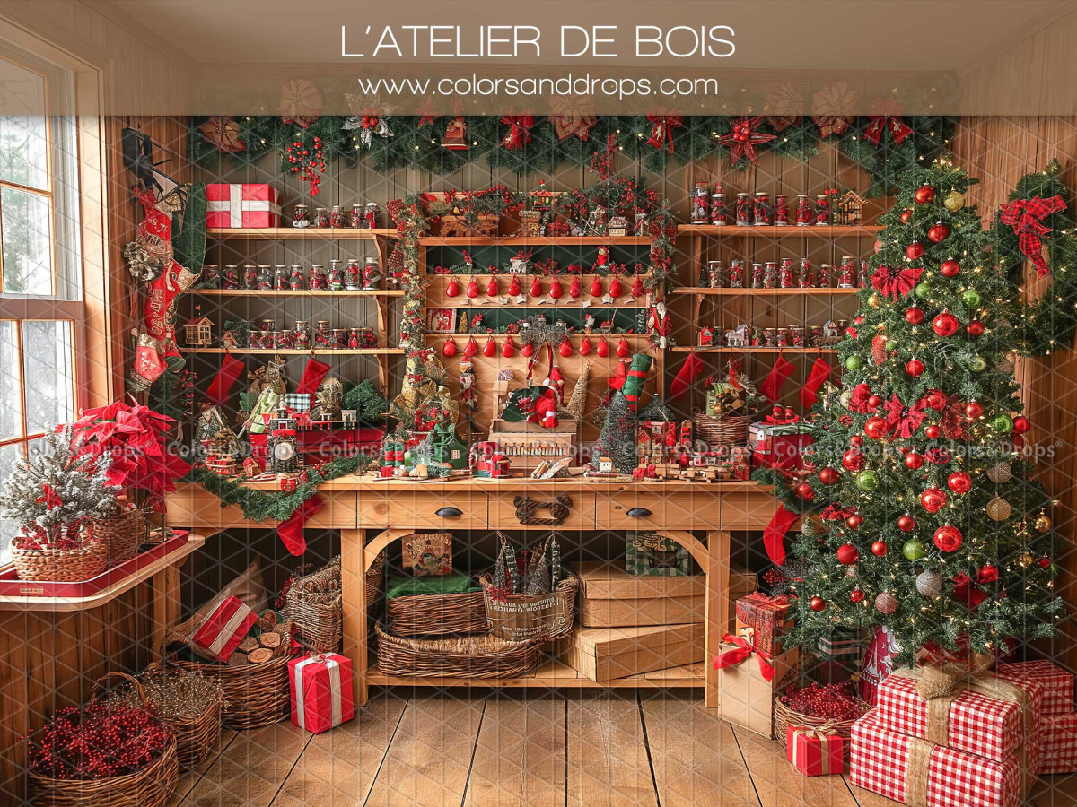 Fond photo de Noël L'Atelier de Bois – atelier en bois de Noël avec établi et cadeaux | Colors&Drops