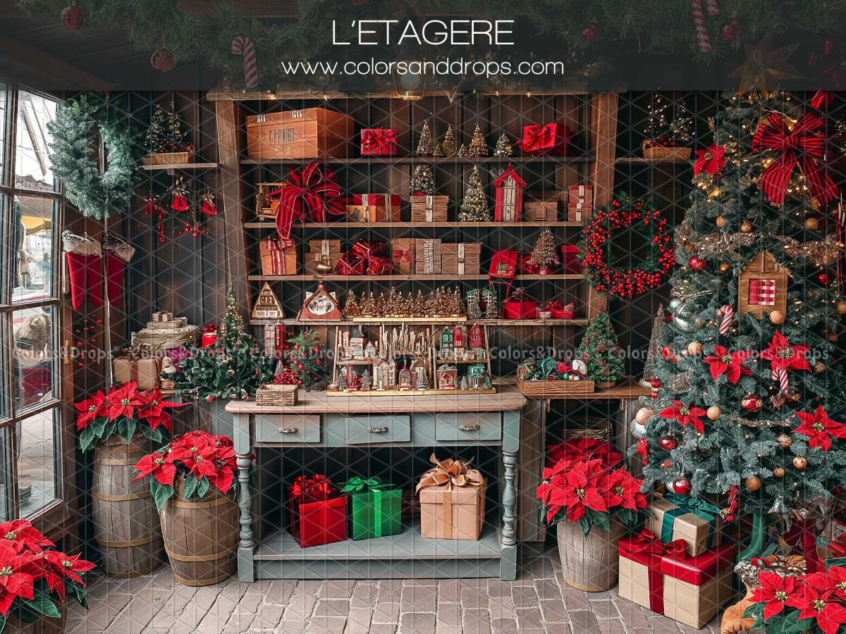 Fond photo de Noël L'Etagere – étagère de Noël avec poinsettias et sapin | Colors&Drops