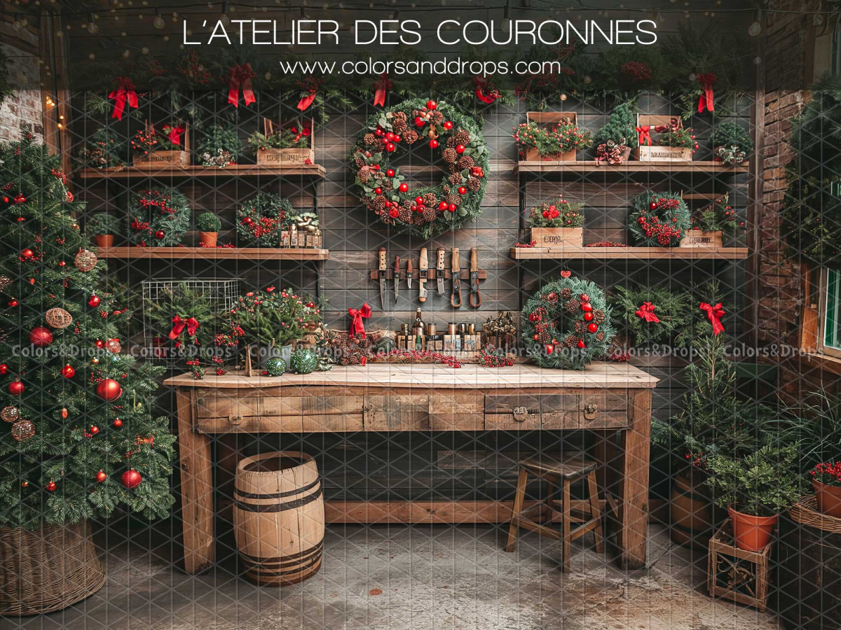 Fondo fotográfico de Navidad L'Atelier des Couronnes – taller de coronas navideñas con banco y barril | Colors&Drops