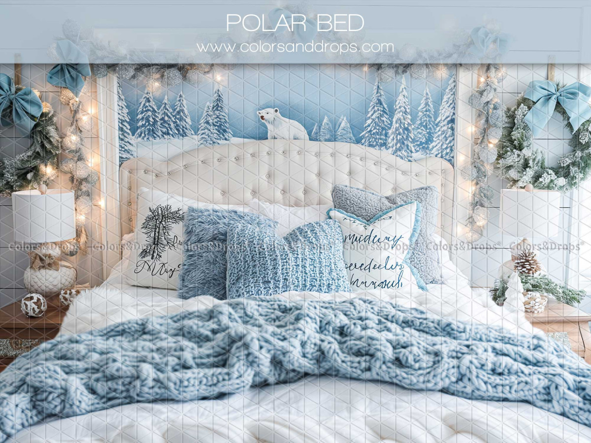 Fond photo de Noël Polar Bed – chambre d'hiver avec lit blanc et plaid bleu | Colors&Drops