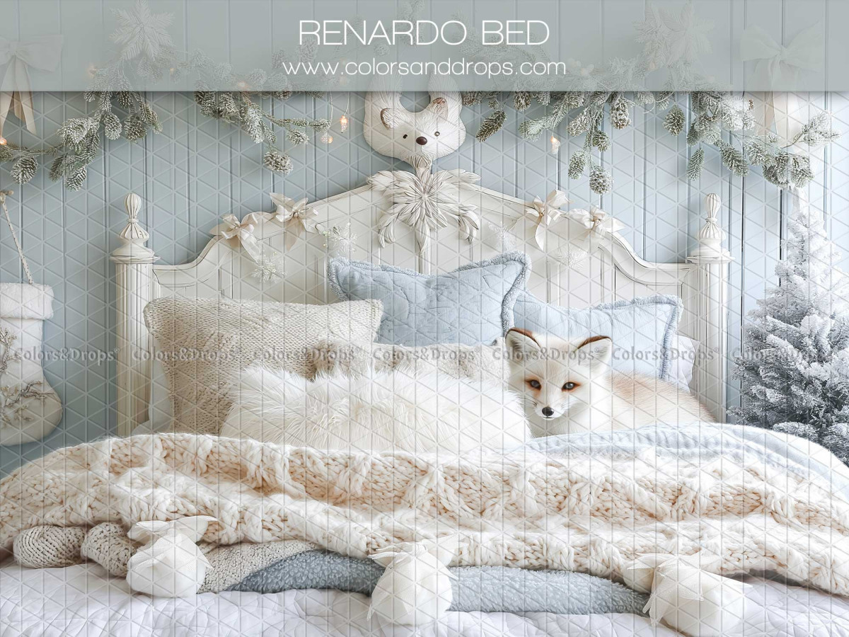 Christmas photo backdrop Renardo Bed – white winter bedroom with fox and throw | Colors&Drops