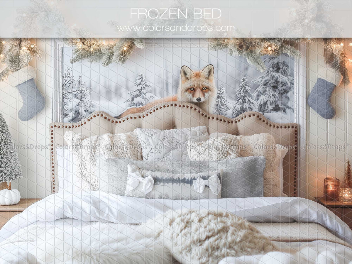 Christmas photo backdrop Frozen Bed – white tufted bed with fox and snowy landscape | Colors&Drops