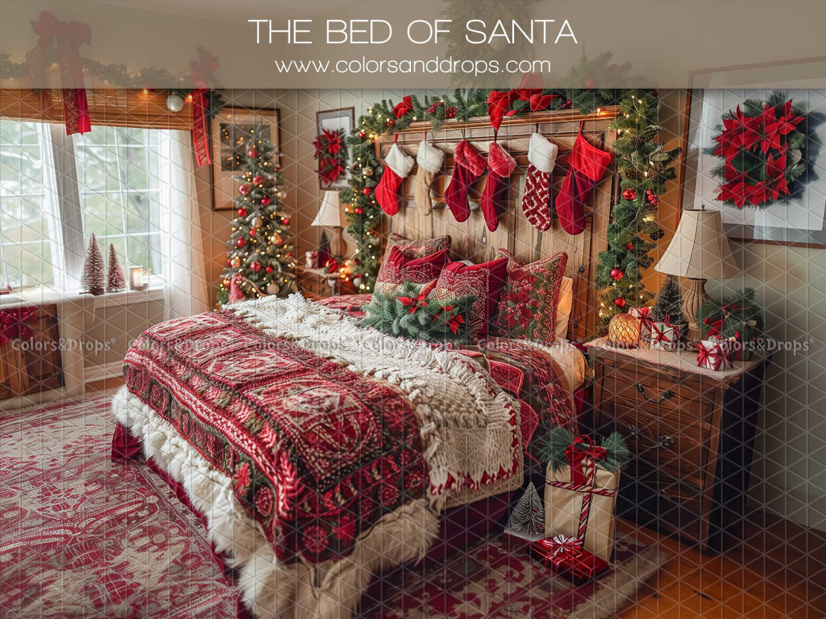 Fond photo de Noël The Bed of Santa – chambre de Noël avec chaussettes et couverture rouge | Colors&Drops