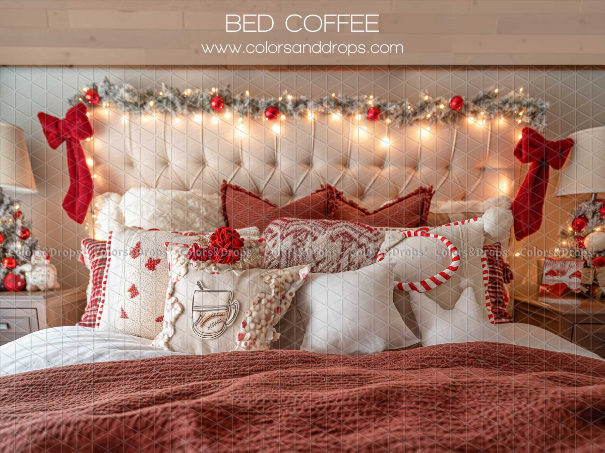 Christmas photo backdrop Bed Coffee – tufted bed with fairy lights and red bows | Colors&Drops