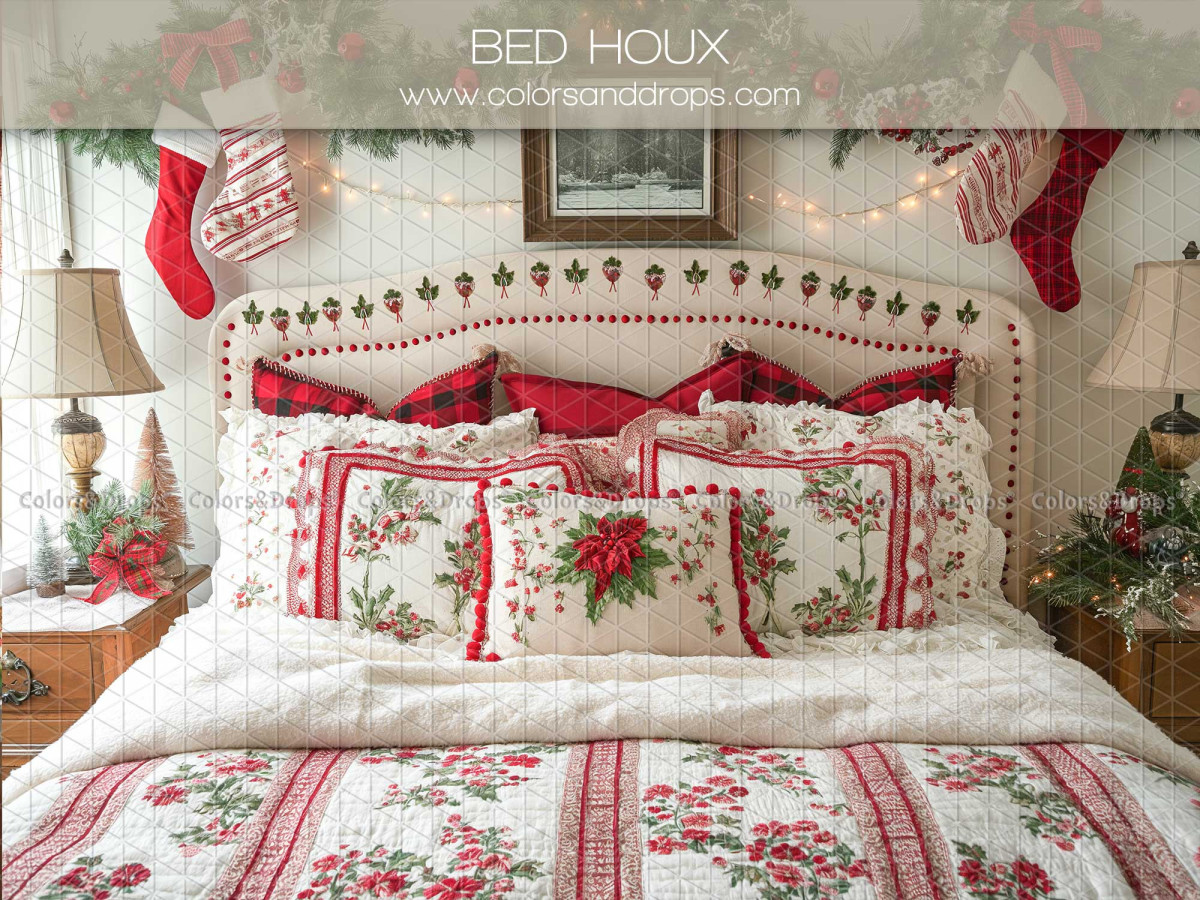 Christmas photo backdrop Bed Houx – Christmas bedroom with holly-print bed and stockings | Colors&Drops