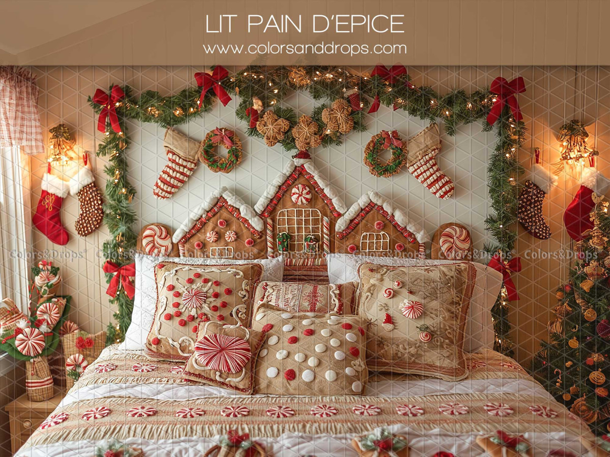 Christmas photo backdrop Lit Pain D'Epice – Christmas bed with gingerbread headboard | Colors&Drops