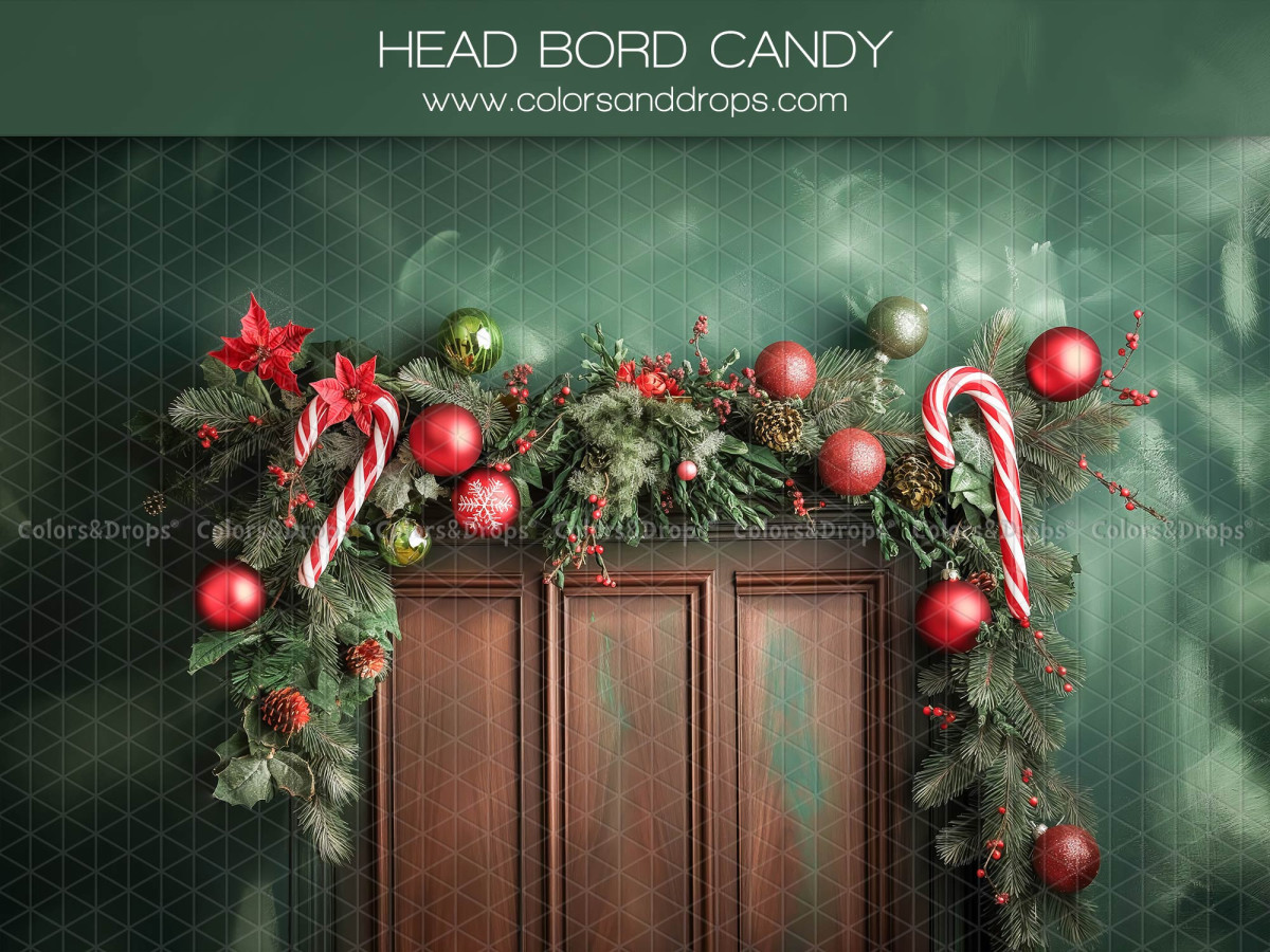 Christmas photo backdrop Head Bord Candy – wooden headboard with garland and candy canes | Colors&Drops