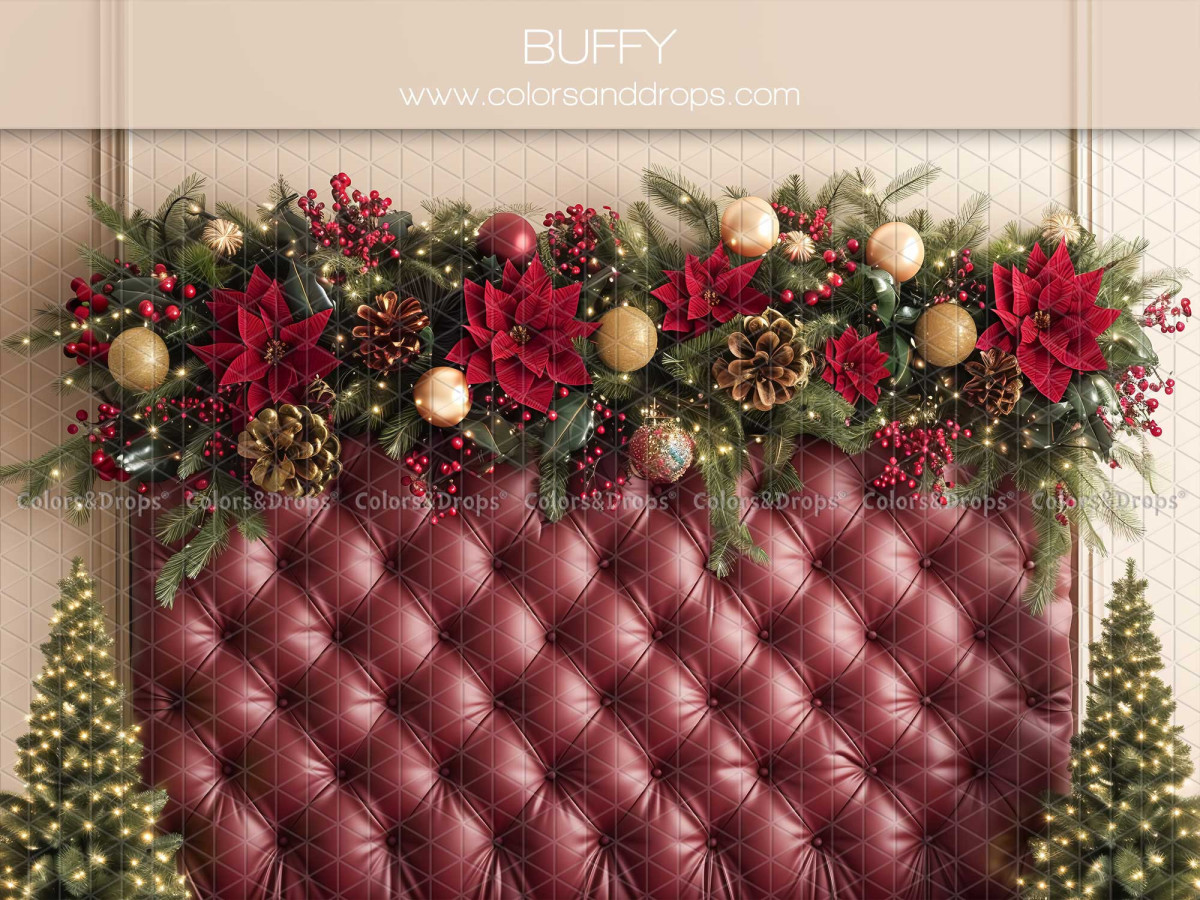 Fond photo de Noël Buffy – tête de lit capitonnée rouge avec guirlande de poinsettias | Colors&Drops