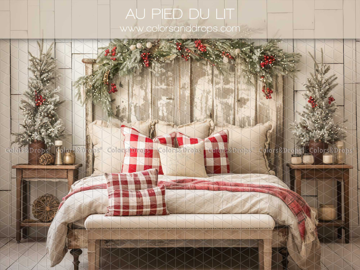 Fondo fotográfico de Navidad Au Pied du Lit – dormitorio navideño con cama vichy roja y árboles | Colors&Drops