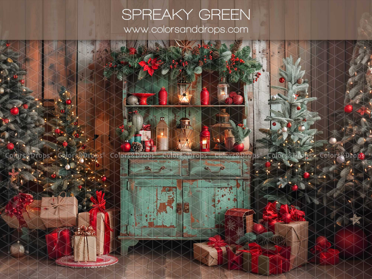 Fond photo de Noël Spreaky Green – buffet vert vintage avec sapins et cadeaux de Noël | Colors&Drops