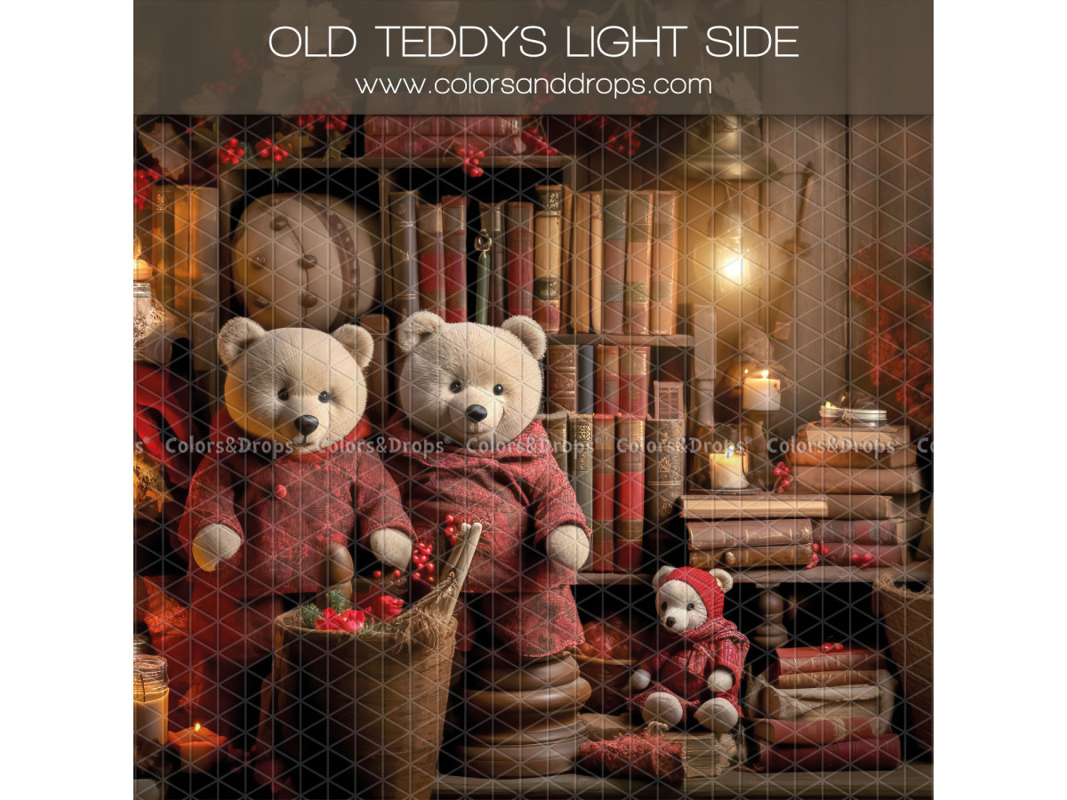Fond photo latéral de Noël Old Teddy's Light Side – oursons en pull rouge devant une bibliothèque | Colors&Drops