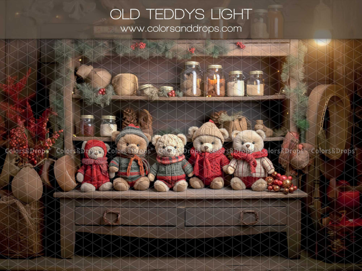 Fond photo de Noël Old Teddy's Light – étagère avec oursons en pull et bocaux | Colors&Drops