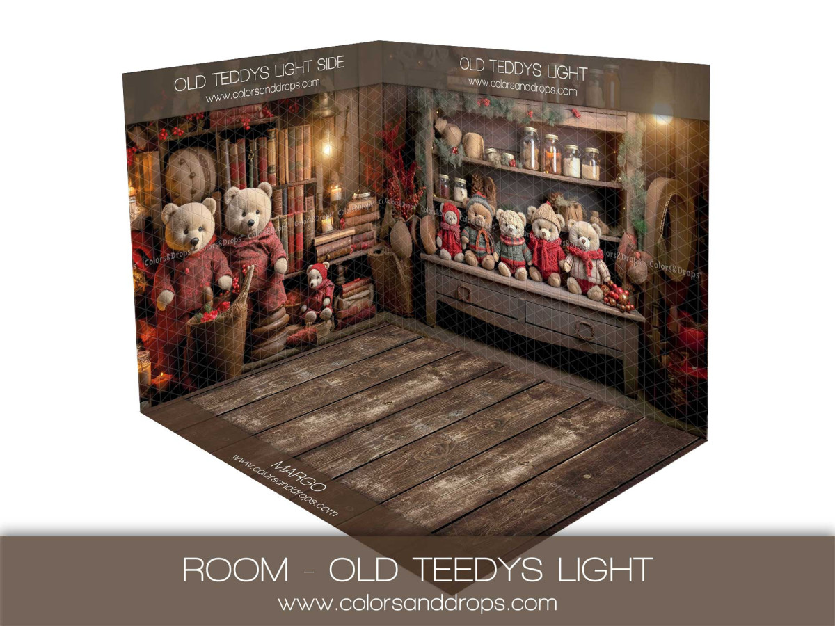 Fond photo d'angle de Noël Old Teddy's Light – oursons en pull rouge et étagères avec parquet | Colors&Drops