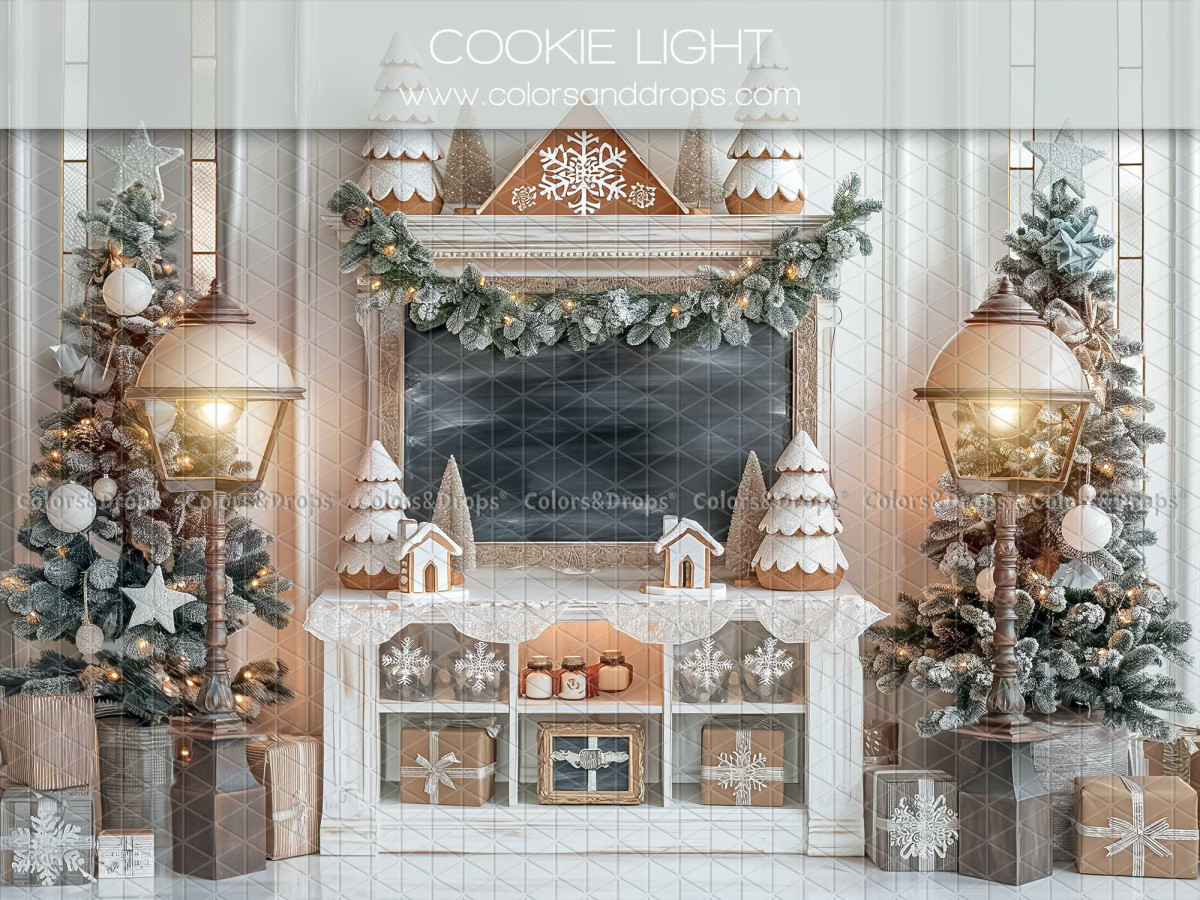 Fond photo de Noël Cookie Light – meuble blanc de Noël avec réverbères et maisonnettes | Colors&Drops