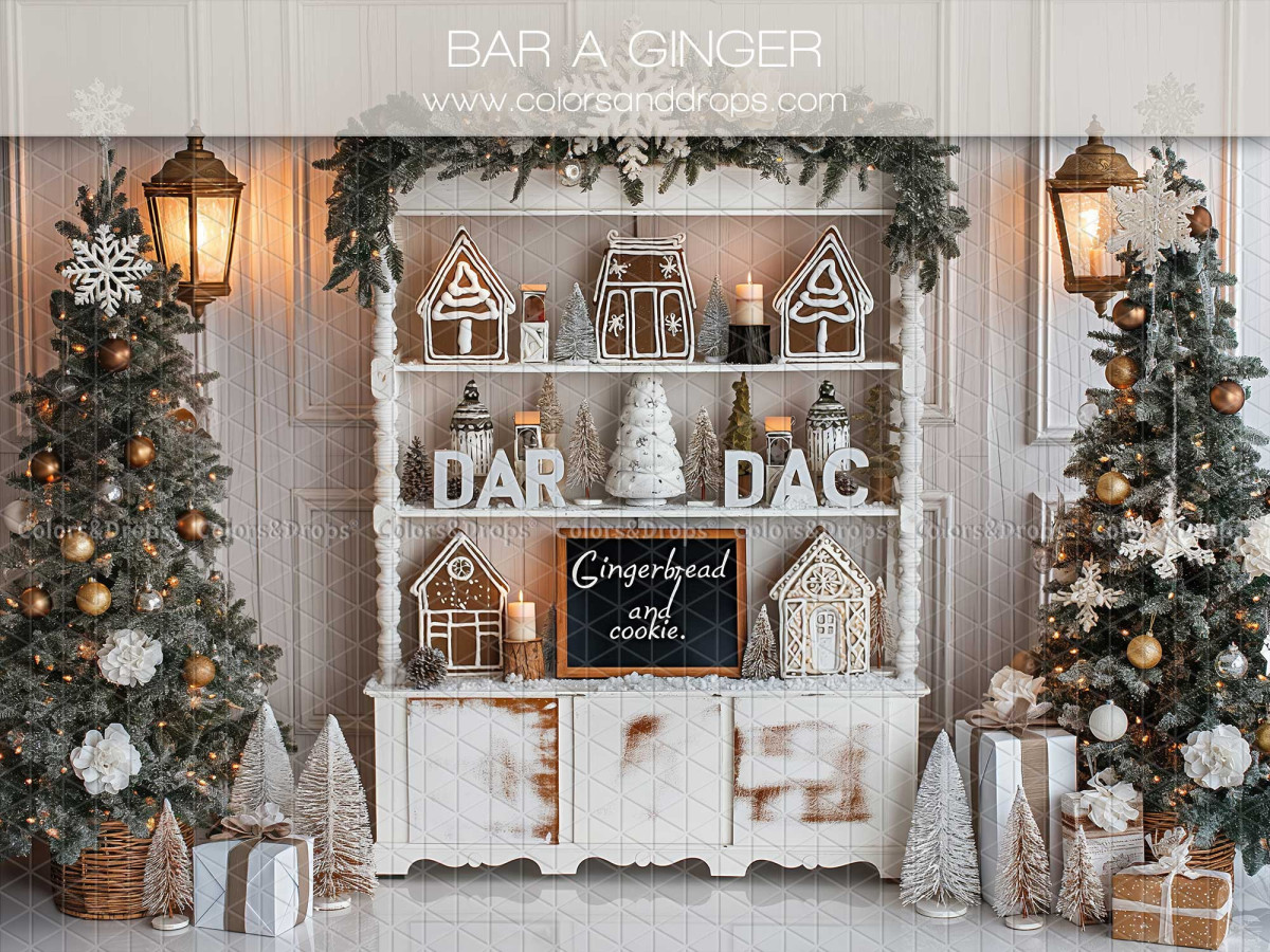 Fondo fotográfico de Navidad Bar a Ginger – bar de jengibre blanco con casitas y árboles | Colors&Drops