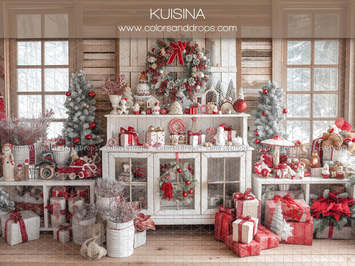 Christmas photo backdrop Kuisina – white Christmas kitchen with wreath and gifts | Colors&Drops